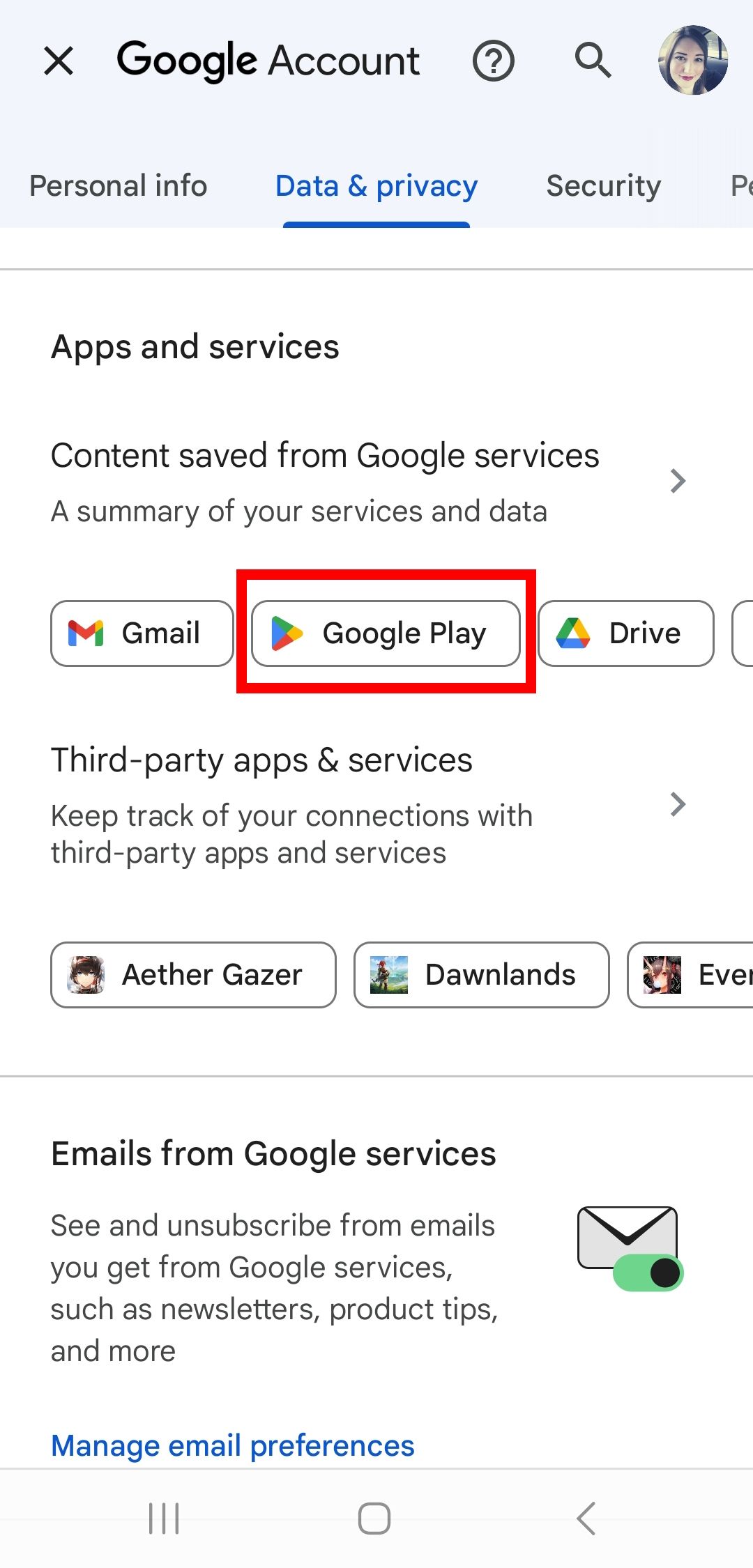 contour de rectangle rouge sur Google Play Store dans la page de données et de confidentialité du compte Google