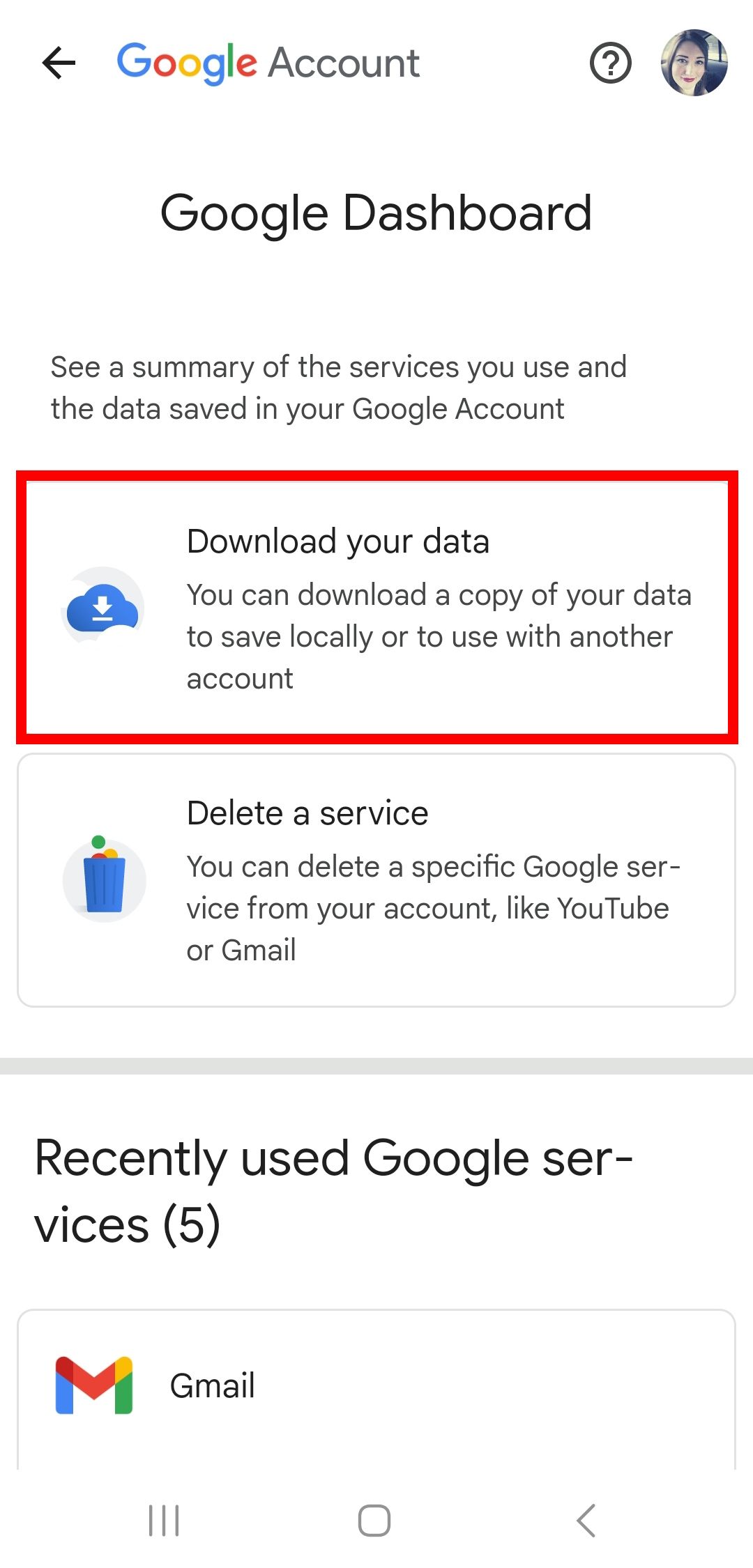 contour du rectangle rouge sur l'option de téléchargement de vos données dans le tableau de bord Google