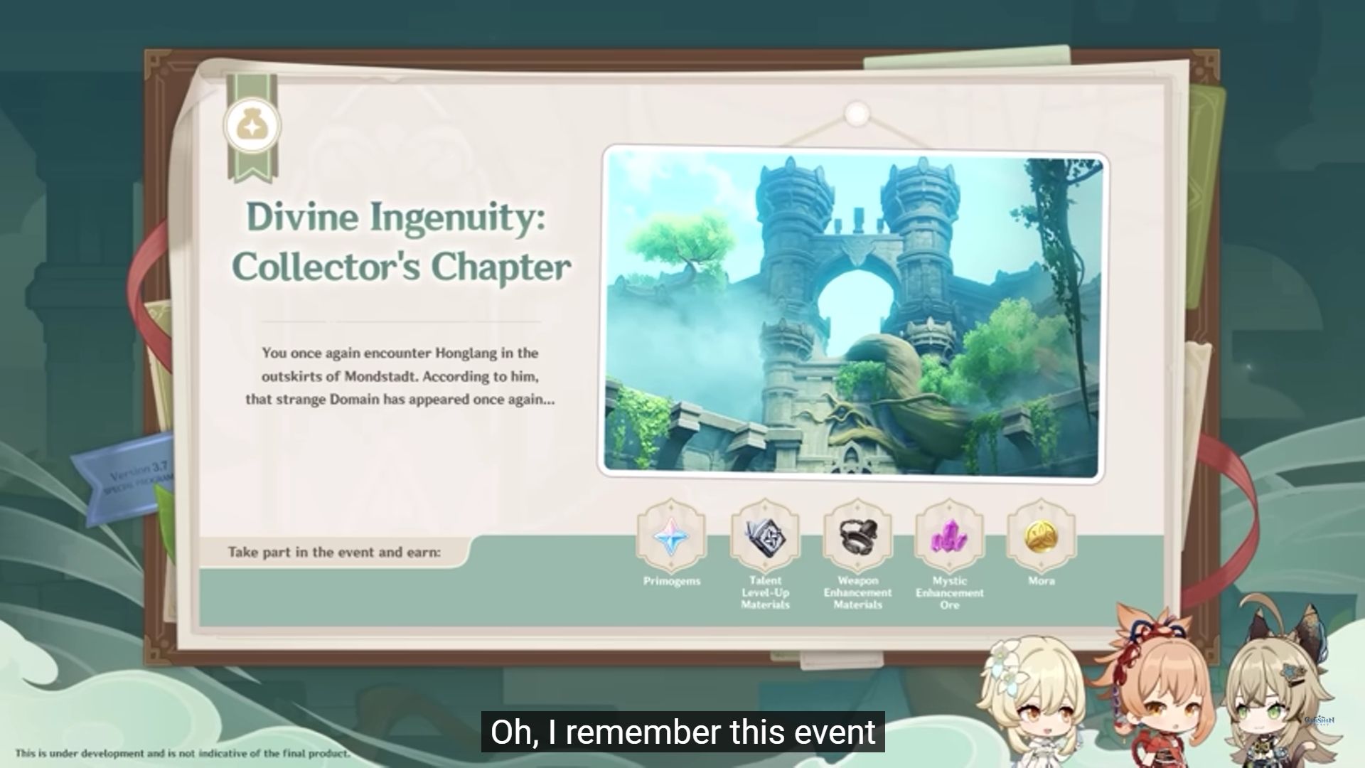 Aperçu de l'événement Divine Ingenuity du livestream 3.1 avec trois chibi et affichage des sous-titres