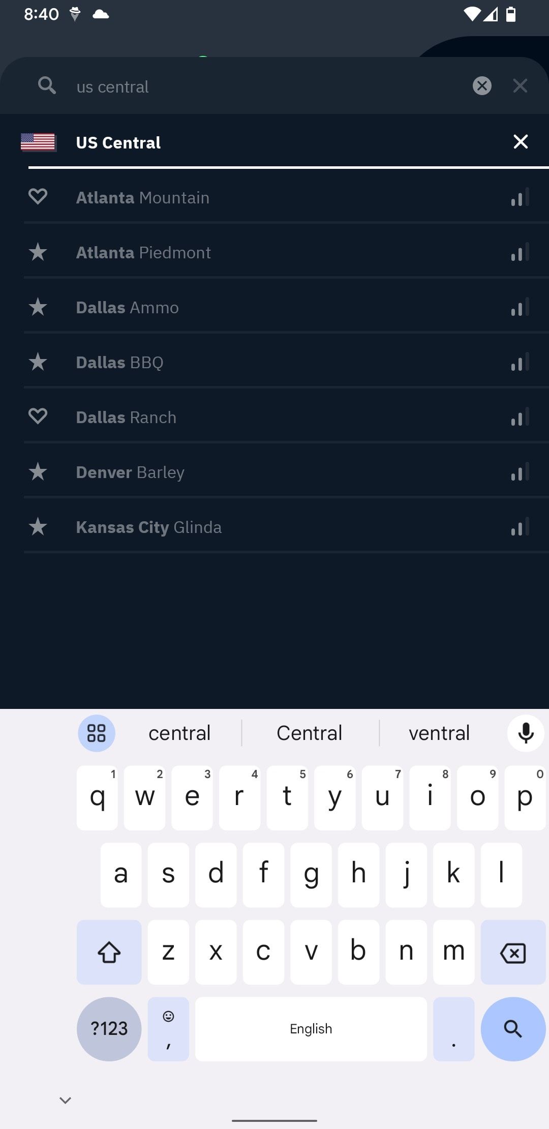 Capture d'écran de l'écran de recherche de localisation de l'application Android Windsribe