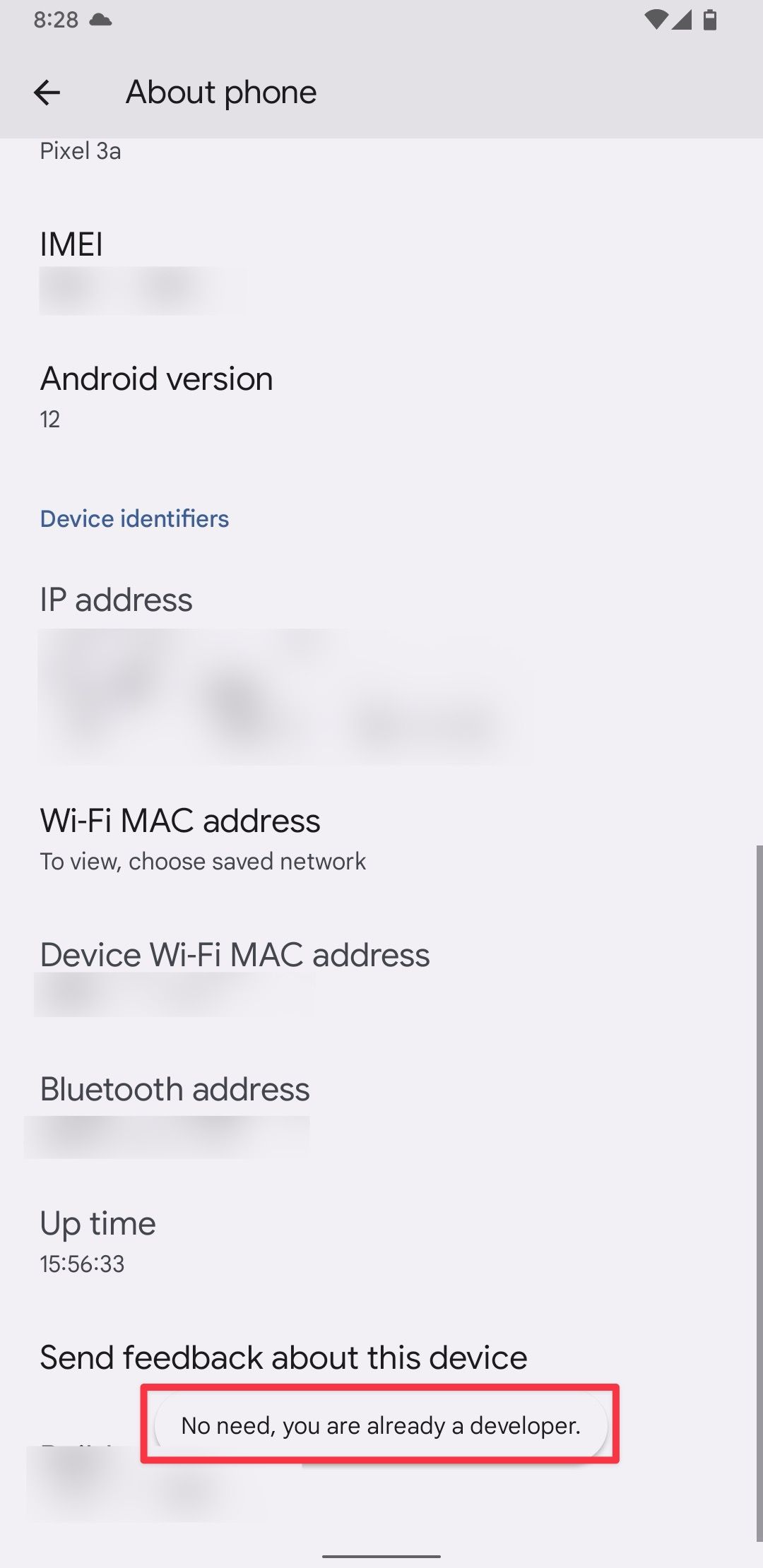 Capture d'écran des paramètres Android montrant que vous êtes déjà développeur