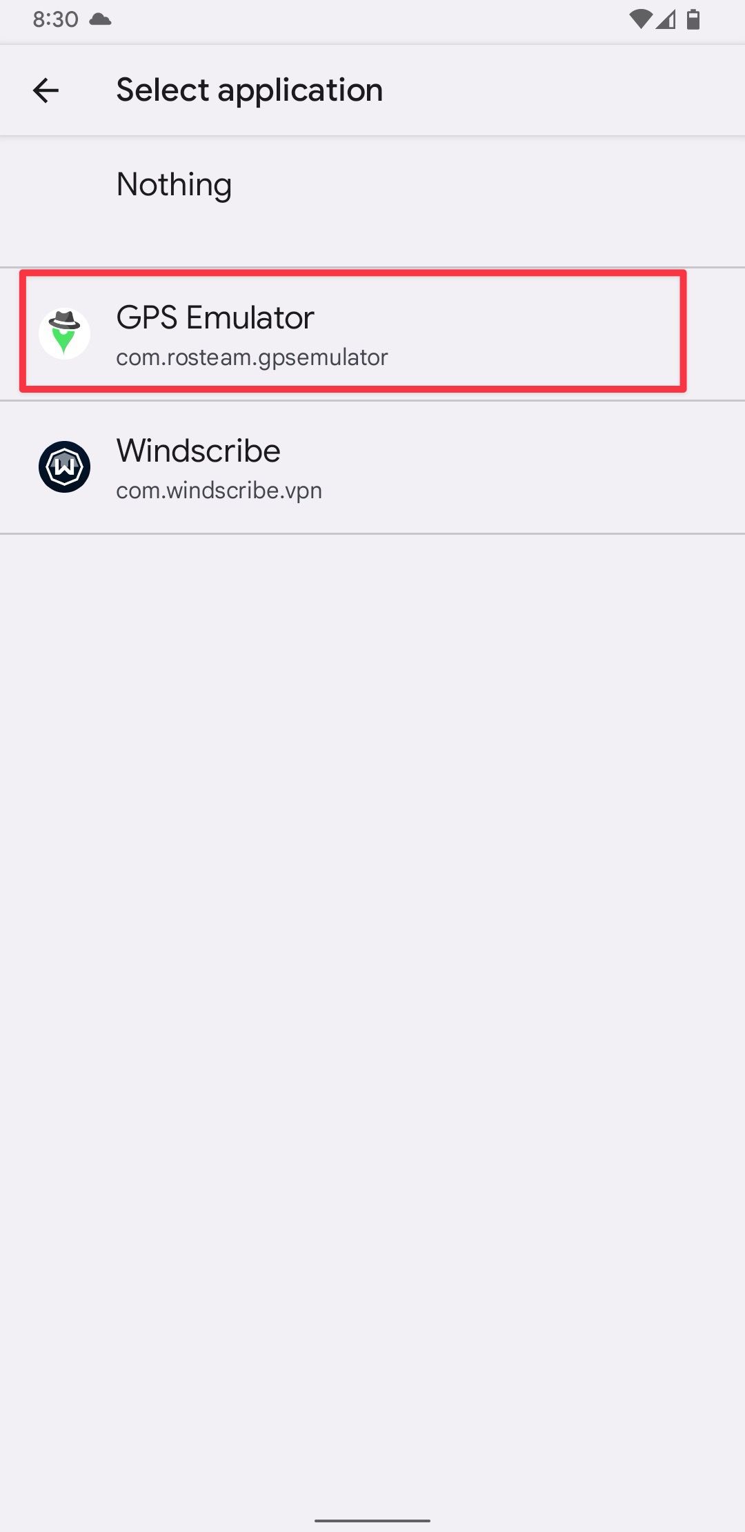 Sélection de l'application de localisation fictive dans les options de développement dans les paramètres Android