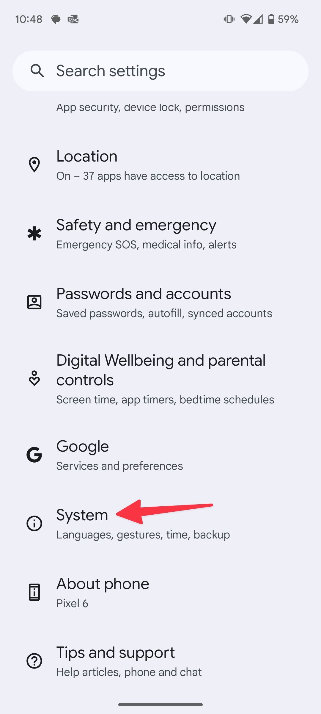 Menu système sur Android