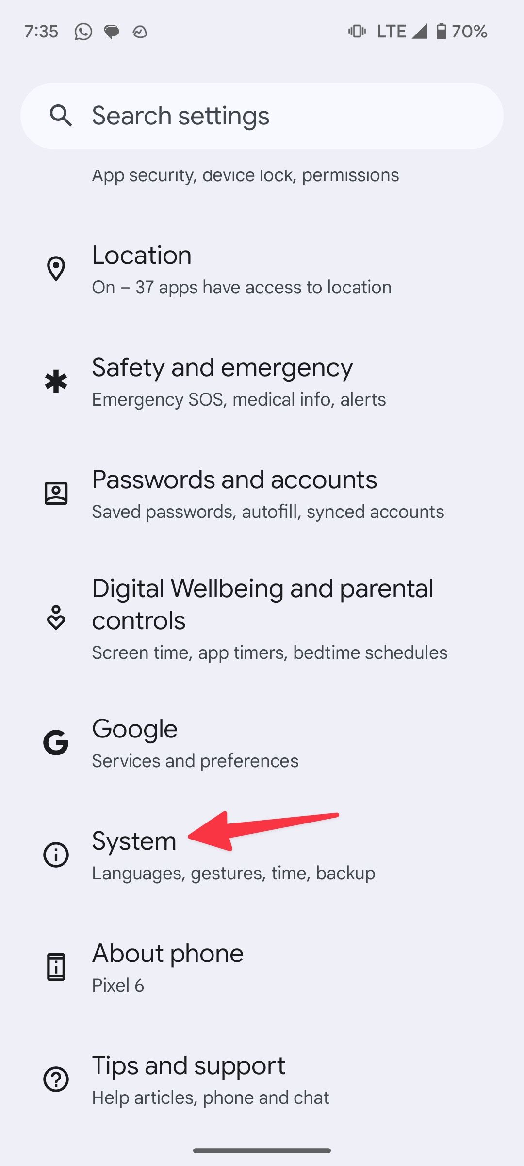 Option système sur Android
