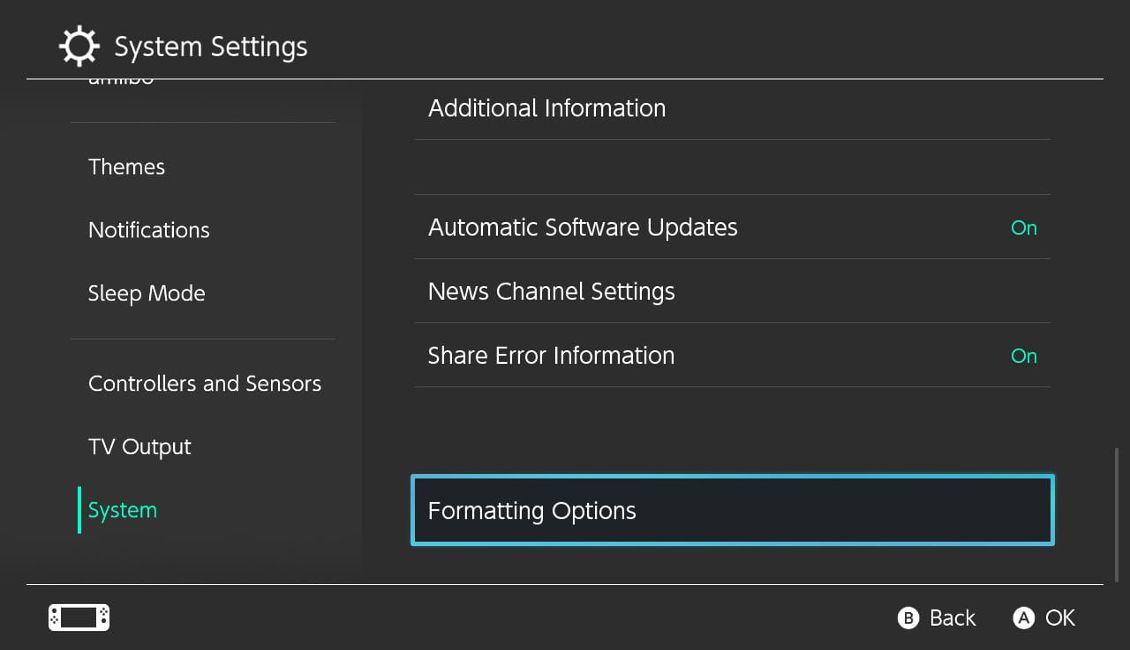 Une capture d'écran du menu de la console Nintendo Switch avec les options de formatage sélectionnées