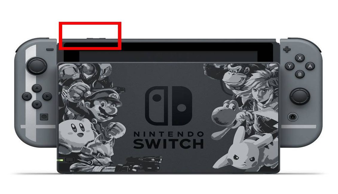 Une capture d'écran de la Nintendo Switch avec l'emplacement des boutons d'alimentation indiqué