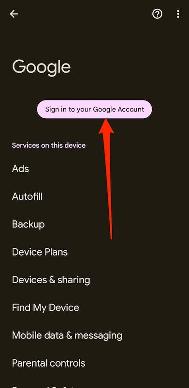 Menu Google dans les paramètres Android