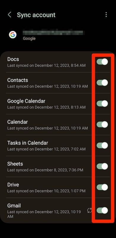 Menu de compte de synchronisation dans les paramètres Android