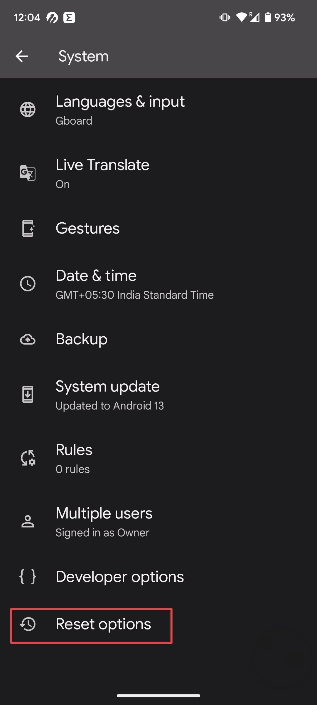 Une capture d'écran du menu des paramètres Android avec les options de réinitialisation encerclées. 