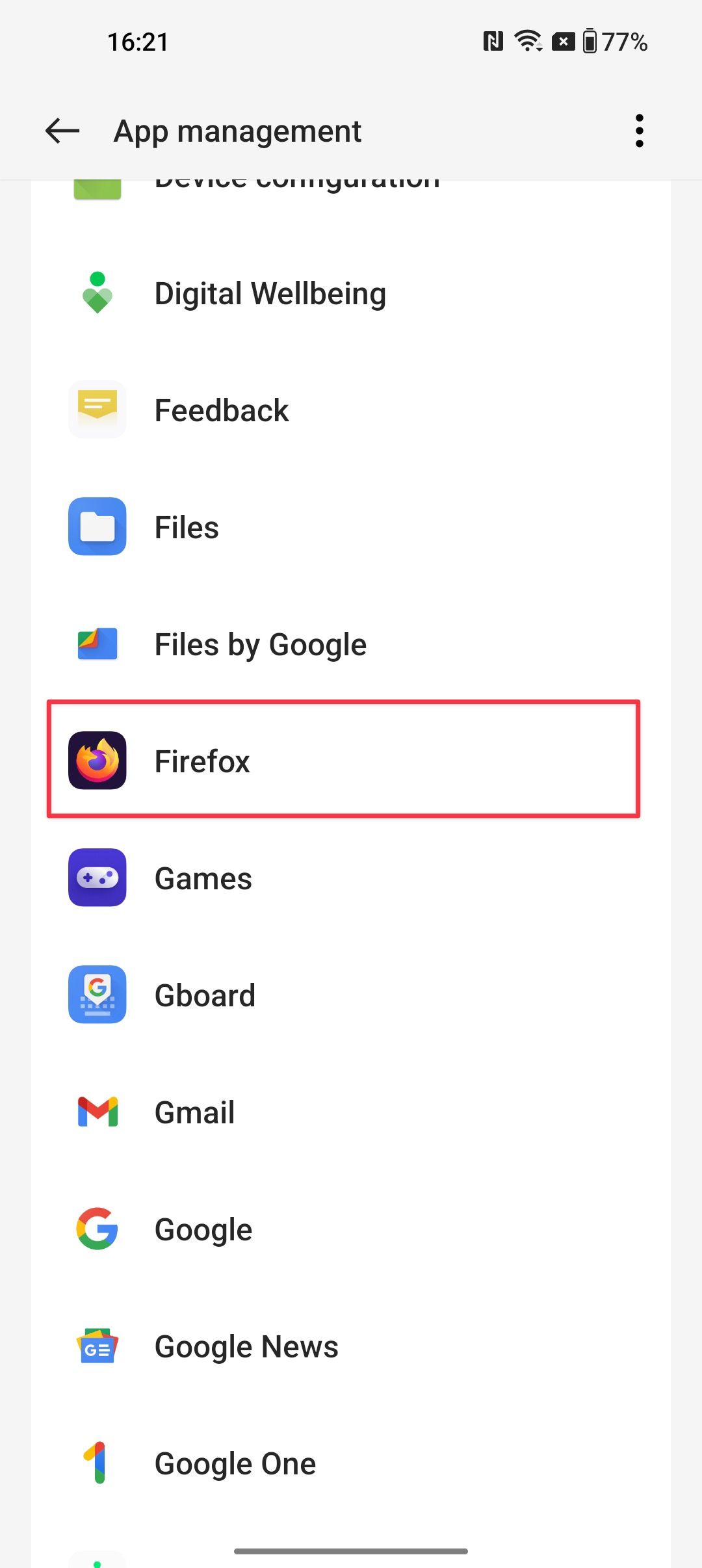 Une capture d'écran de l'écran de gestion de l'application Android avec Firefox en surbrillance.