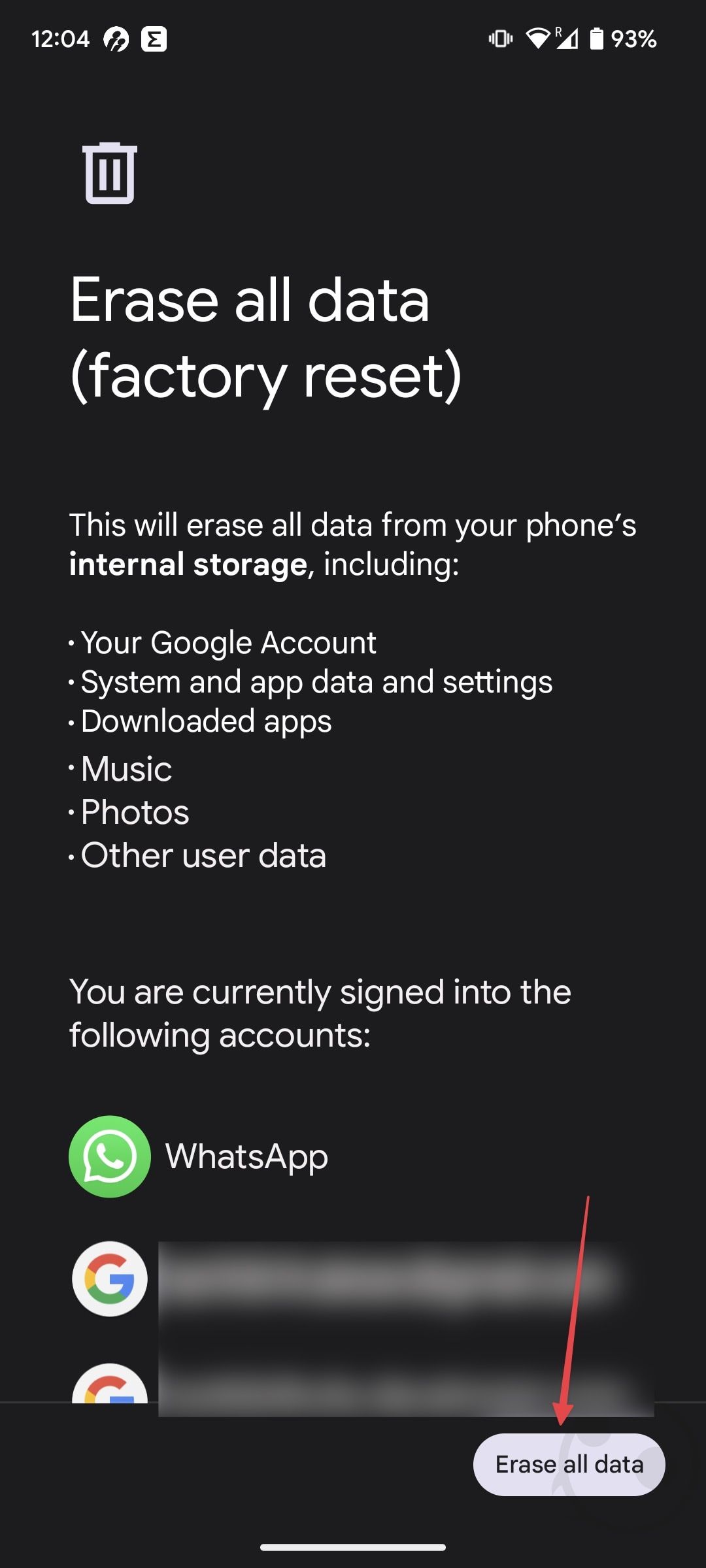 Une capture d'écran de l'écran Effacer toutes les données/réinitialisation d'usine sur un téléphone Google Pixel.