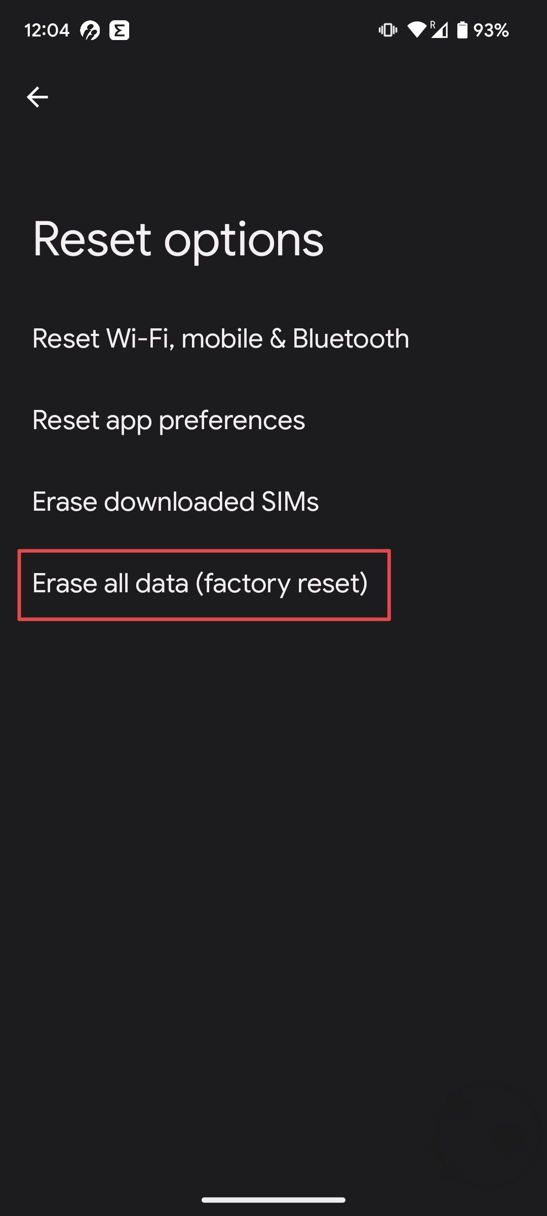 Sélection de l'option Effacer toutes les données pour réinitialiser les paramètres d'usine d'un téléphone Google Pixel
