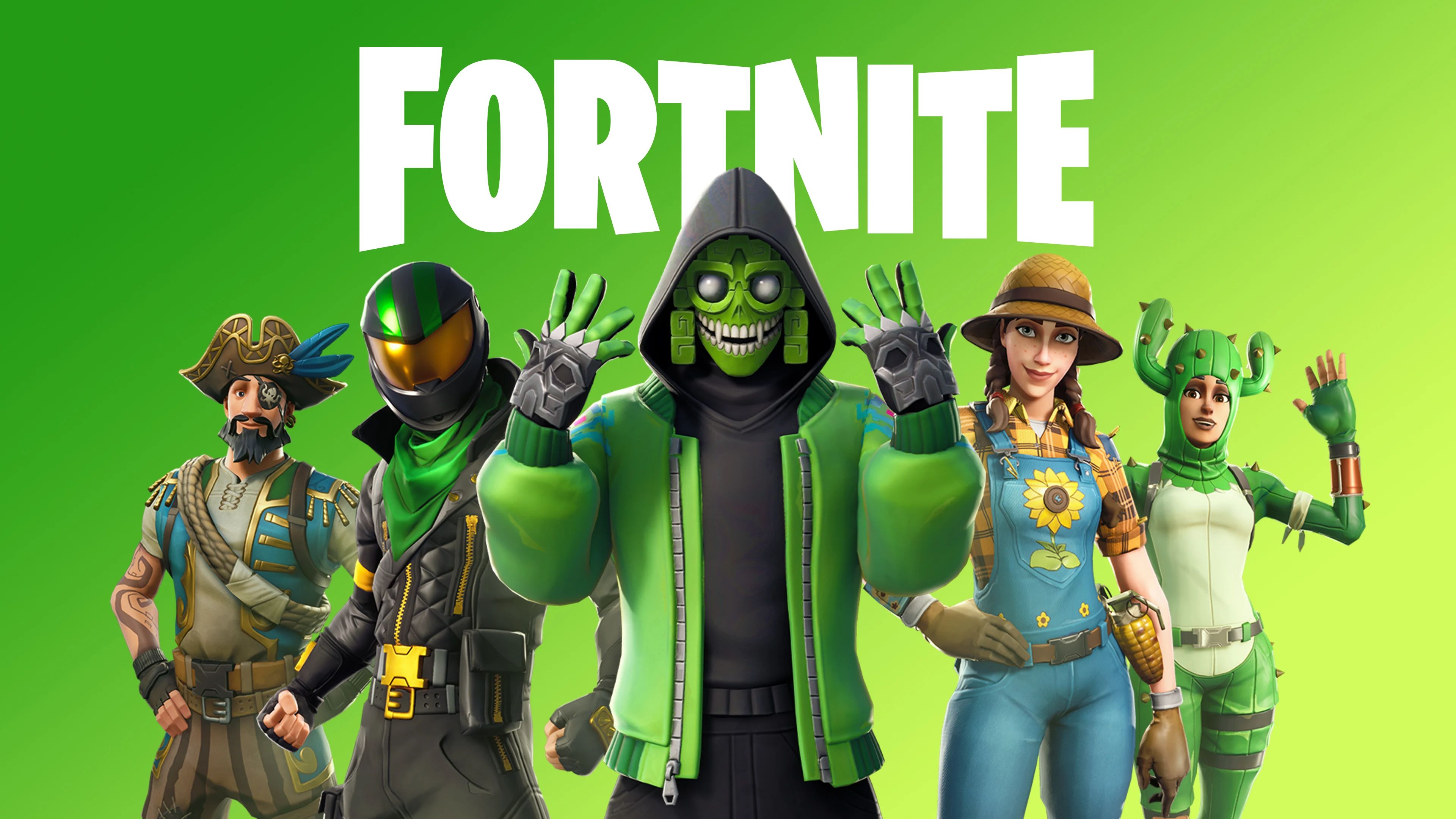 Un écran avec cinq personnages Fortnite et le logo Fortnite avec un thème et un arrière-plan verts