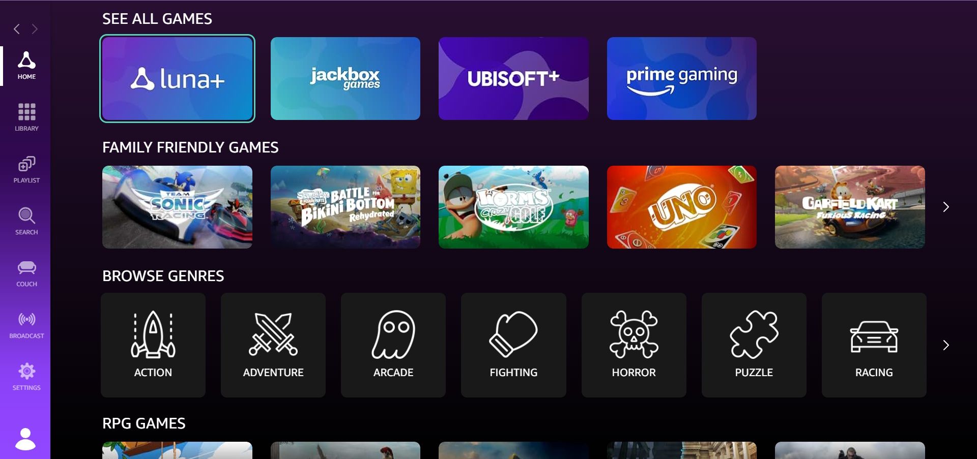 Présentation d'Amazon Luna Home des jeux et affichage du catalogue sur le navigateur Web