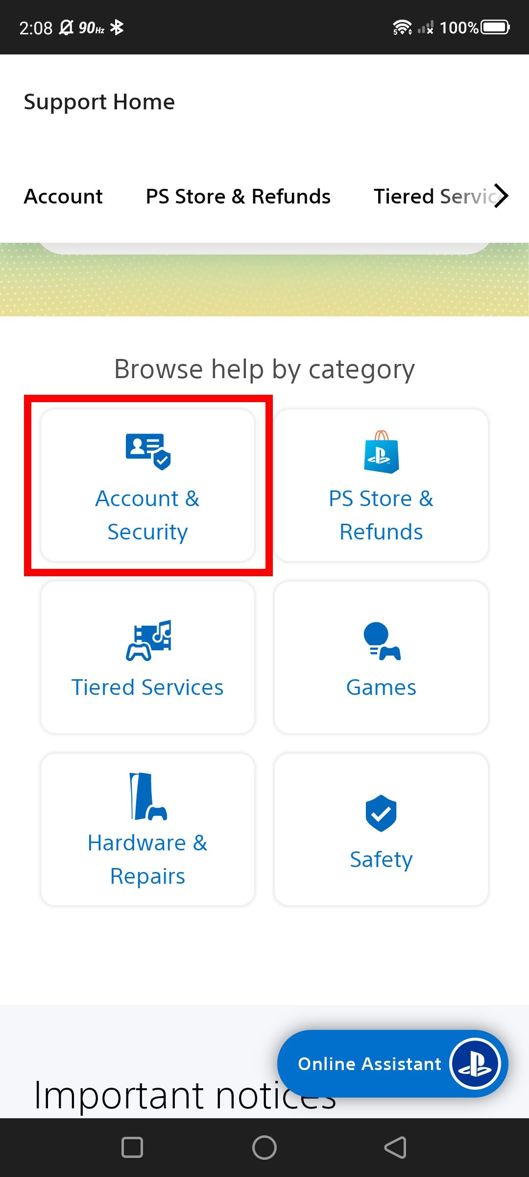 Contour encadré rouge sur Compte et sécurité sur la page d'assistance PlayStation