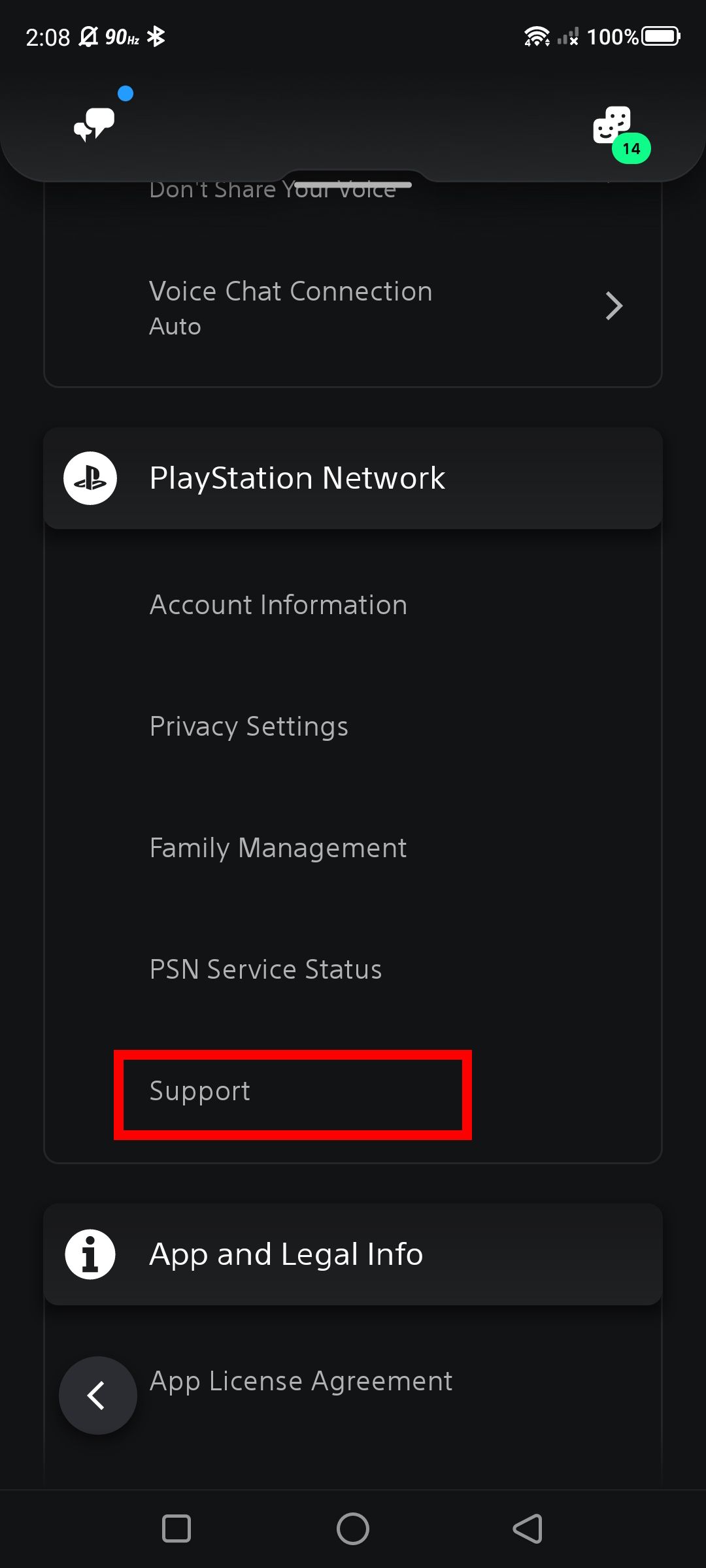 Contour d'un rectangle rouge sur l'option Support (paramètres) dans l'application PlayStation