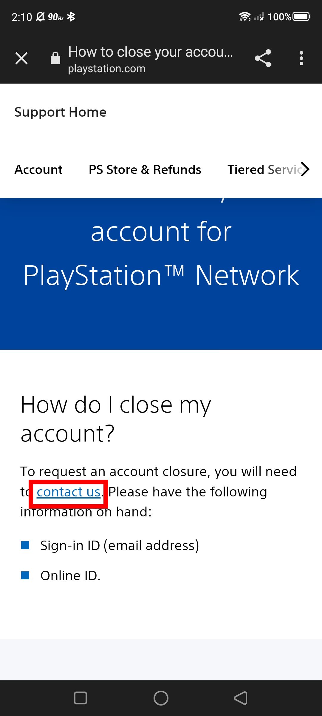 Contour du rectangle rouge sur le lien hypertexte Contactez-nous sur la page d'assistance PlayStation