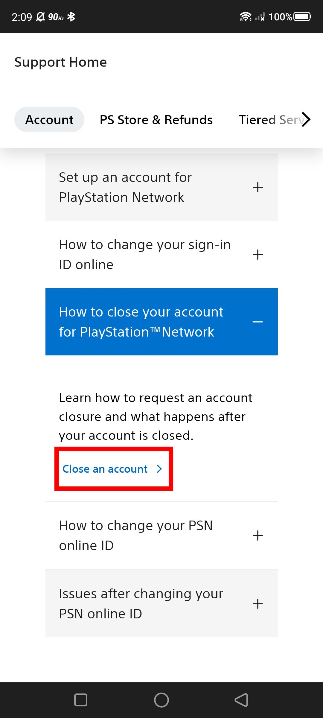 Contour du rectangle rouge sur Fermer un compte sur la page d'assistance PlayStation