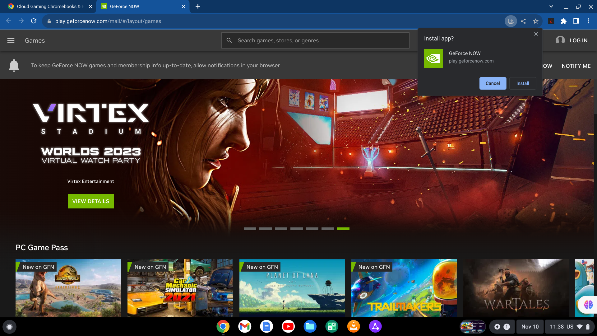 Boîte de dialogue d'installation de Chromebook GeForce Now PWA