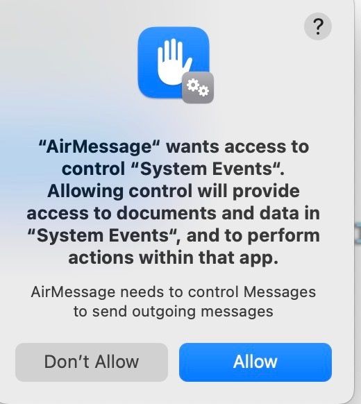 Autorisation AirMessage pour les événements système