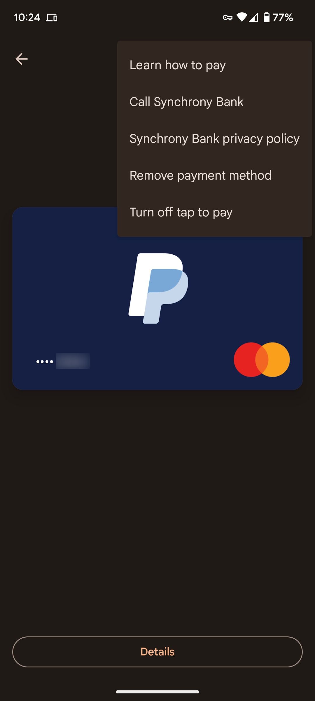 Le menu d'options pour une carte sélectionnée dans Google Wallet