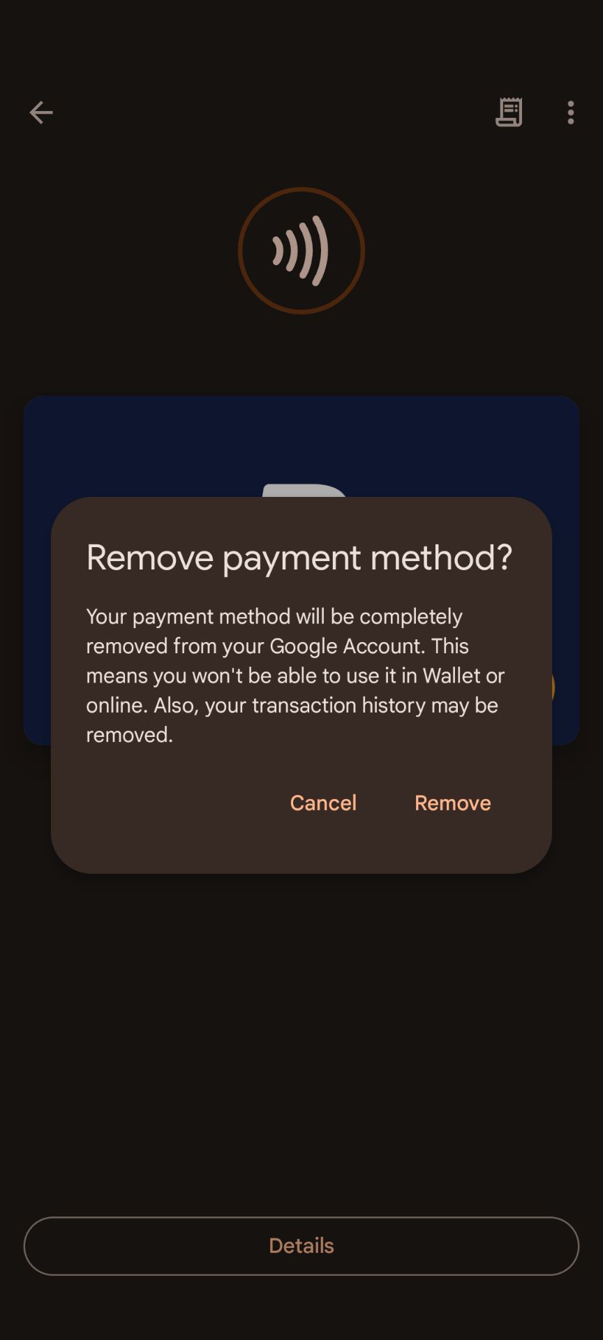 Fenêtre contextuelle de suppression du mode de paiement dans l'application Google Wallet