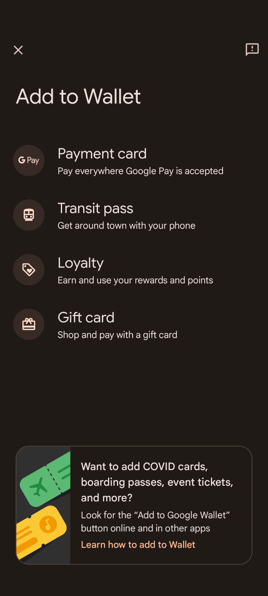 L'écran Ajouter à Wallet dans l'application Google Wallet