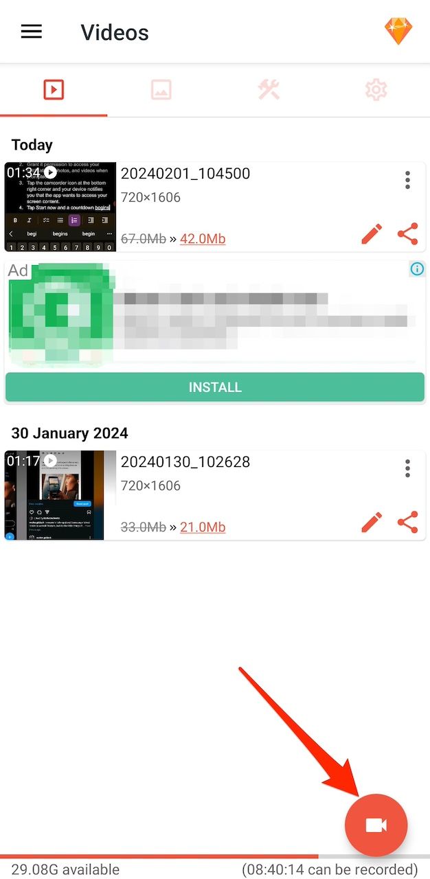 Menu Vidéos sur l’application AZ Recorder Android