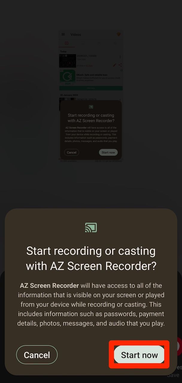 Option d'enregistrement Démarrer maintenant sur l'application Android AZ Recorder