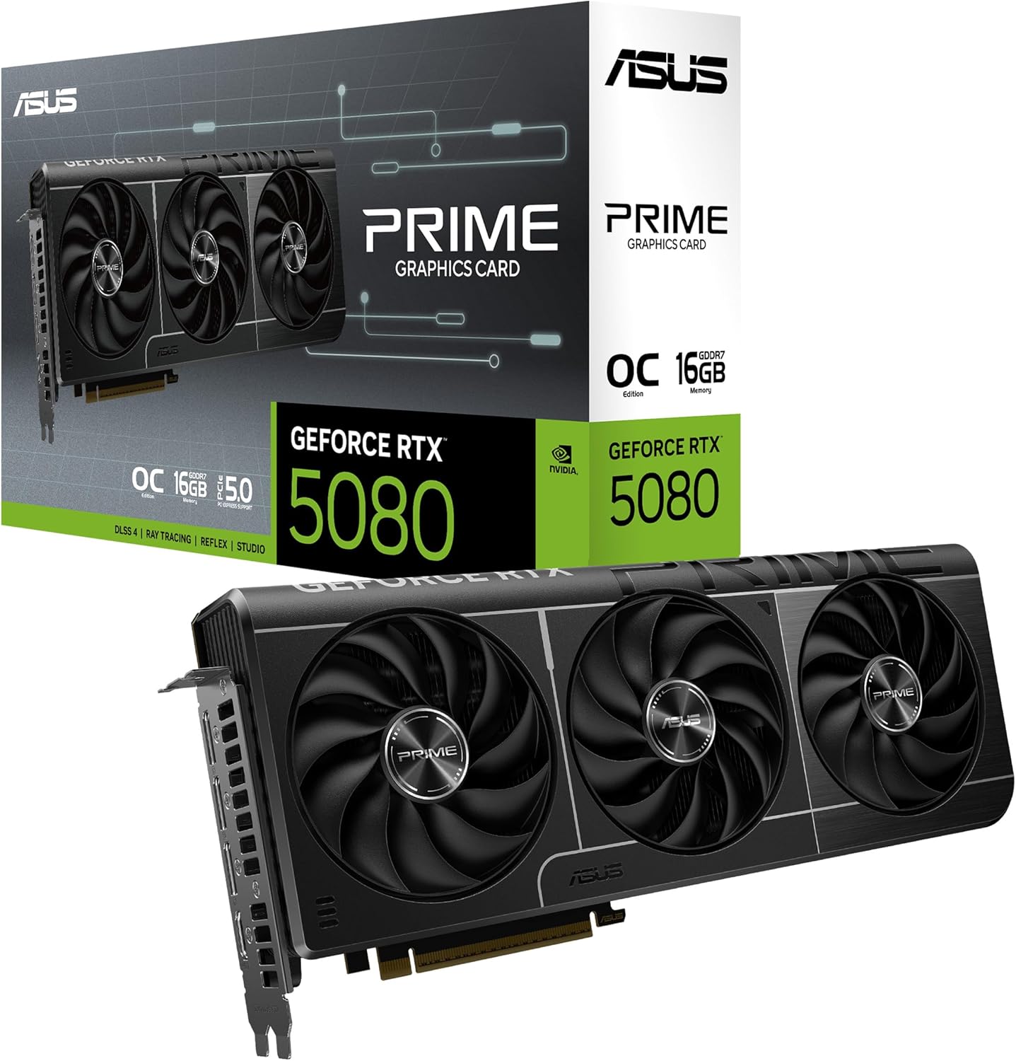 ASUS PRIME RTX5080, O16G, NVIDIA, GeForce RTX 5080, 16 Go GDDR7, 256 bits, OC, HDMI, 3xDP, carte graphique DLSS4