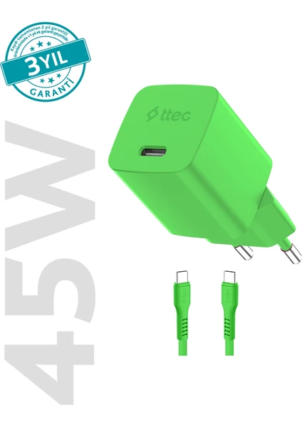 Ttec Smartcharger Gan 45W AVS Pd Chargeur Rapide De Voyage + USB-C - Câble USB-C 3A 120 cm Néon