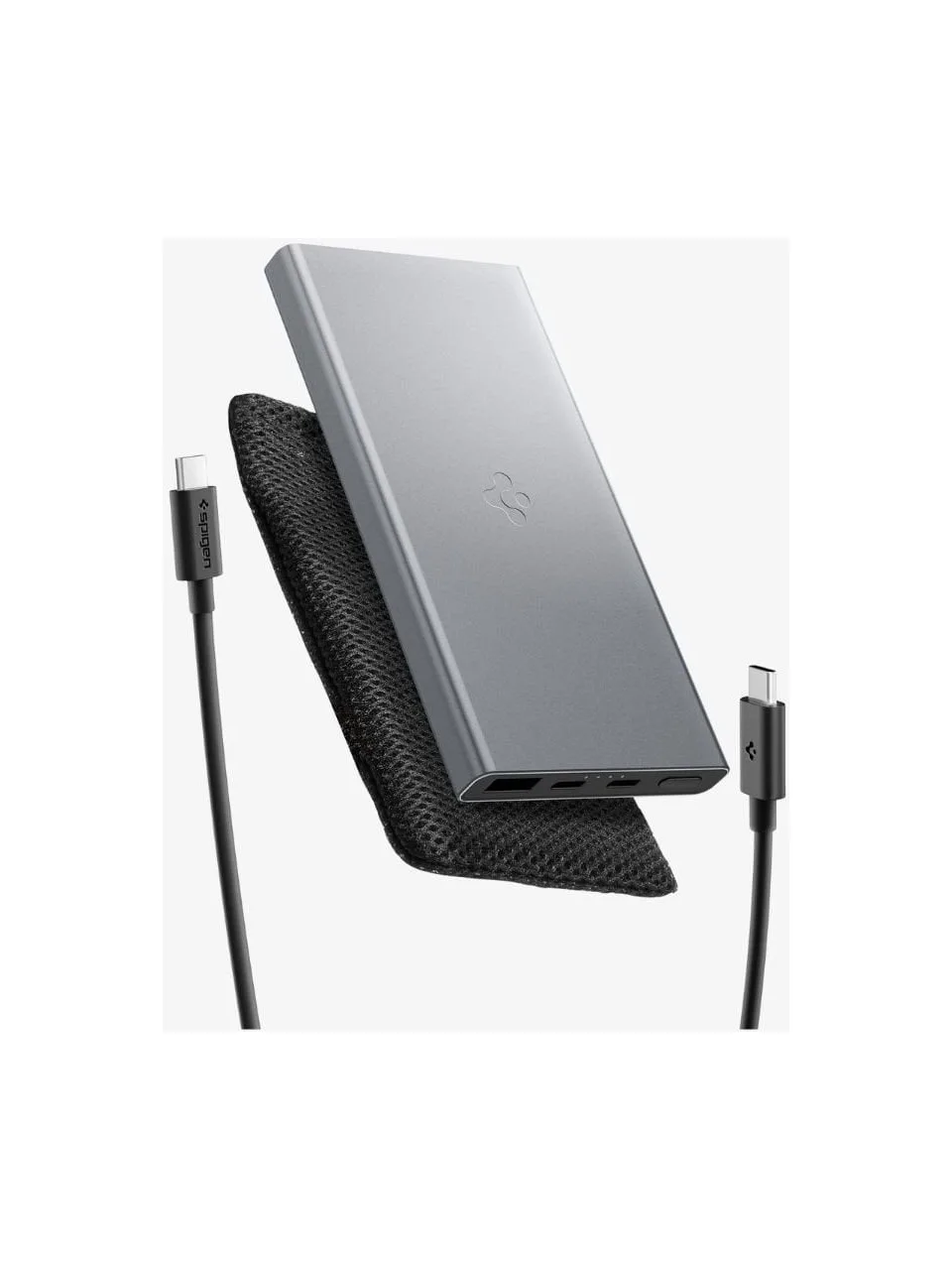 Spigen 10000 mAh Boîtier Slim en Aluminium 22,5 W USB-C + USB-A Entrée/Sortie Charge Rapide 3 Ports Powerbank/Chargeur Portable avec Câble Externe Type-C de 1 Mètre + Sac de Transport EA2210 Gris - ABA09432
