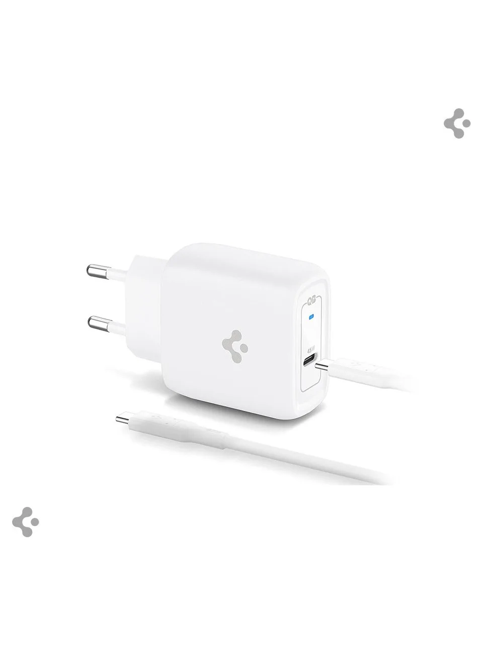 Chargeur rapide Spigen 45 W USB-C + câble de charge tressé Prise en charge PPS 2.0 / Adaptateur secteur GaN Pro protégé contre les surtensions Charge ultra rapide iPhone & Android & iPad & MacBook Type-C - ACH02589