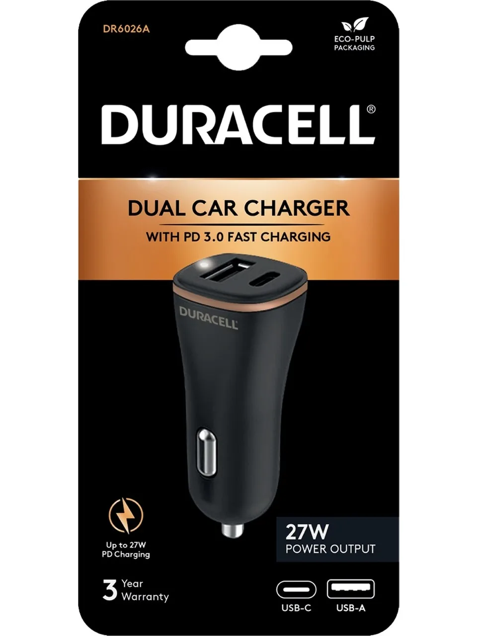 Chargeur de voiture Duracell 18W Allume-cigare Type-C PD + USB-A – Chargeur rapide à double sortie