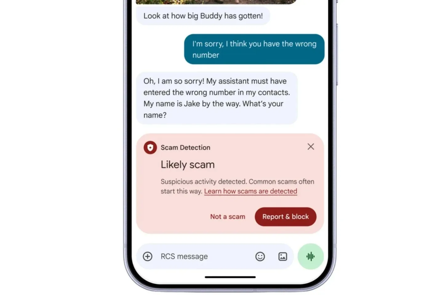 Avertissement d'arnaque affiché pour une conversation suspecte dans Google Messages