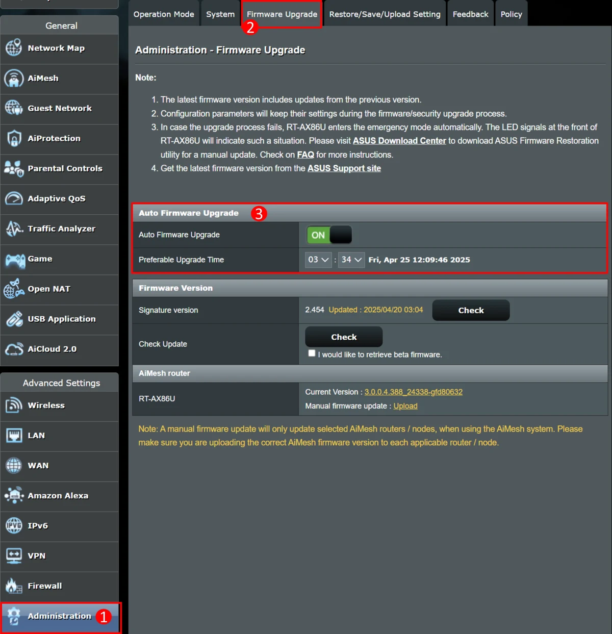 Informations sur la version et vérification de la mise à jour sur l'écran de mise à niveau du micrologiciel du routeur ASUS