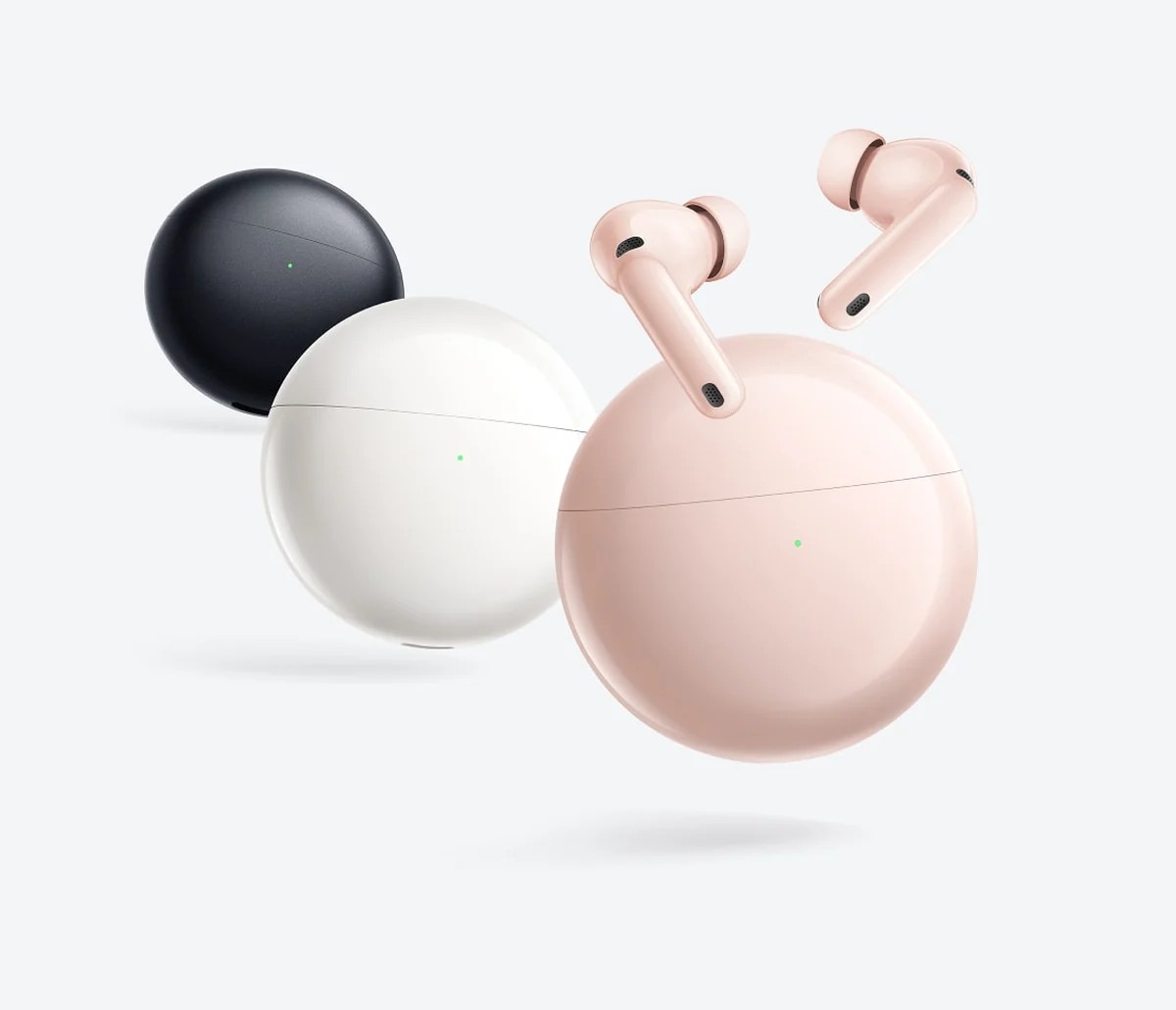 Écouteurs roses HUAWEI FreeBuds 7i et étuis de chargement tricolores