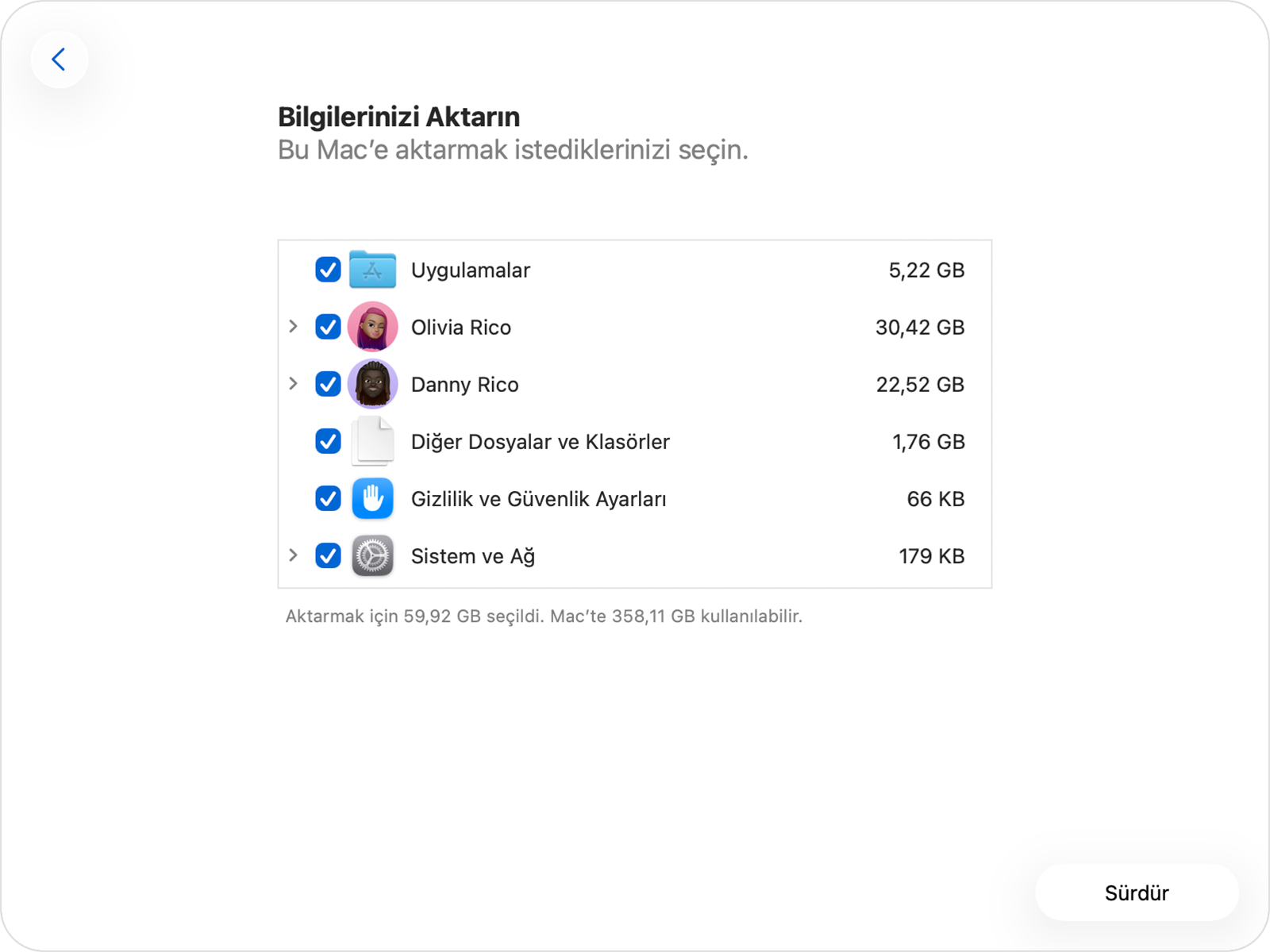 Choisissez les comptes d'utilisateurs et les fichiers à transférer vers le nouveau Mac