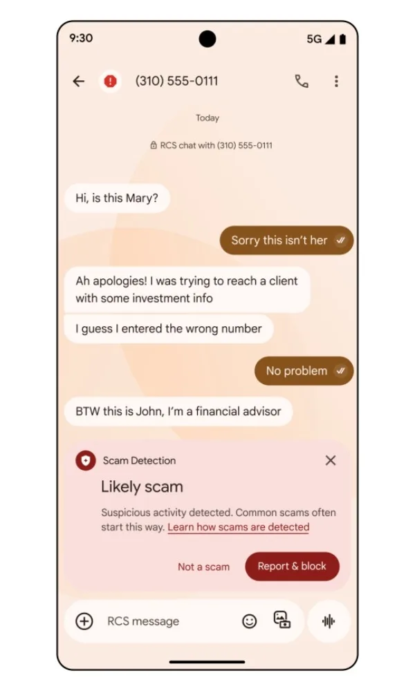 Alerte à la fraude affichée dans un exemple de conversation dans Google Messages